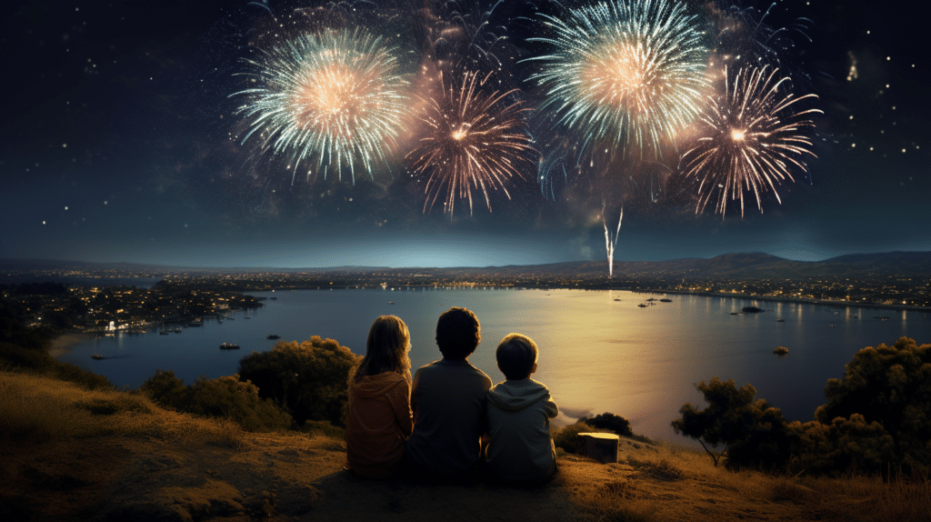 Kids watching fireworks over a lake. Colorful fireworks.
